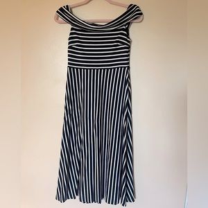 Banana Republic Navy & White Striped Off the Shoulder Midi Dress